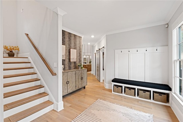 505 Bellhaven Ct, Salem, SC 29676 - mudroom featuring a barn door, recessed lighting, crown molding, and light wood finished floors
