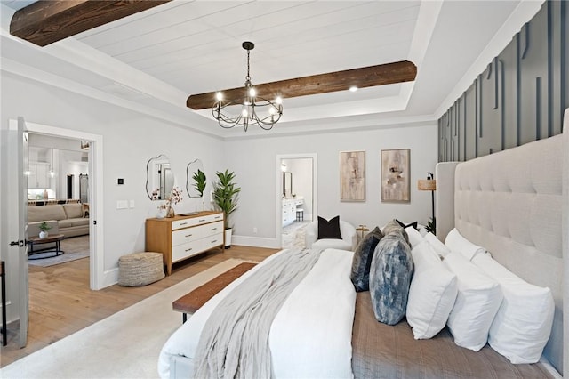 505 Bellhaven Ct, Salem, SC 29676 - bedroom featuring a tray ceiling, beamed ceiling, a chandelier, and light wood finished floors