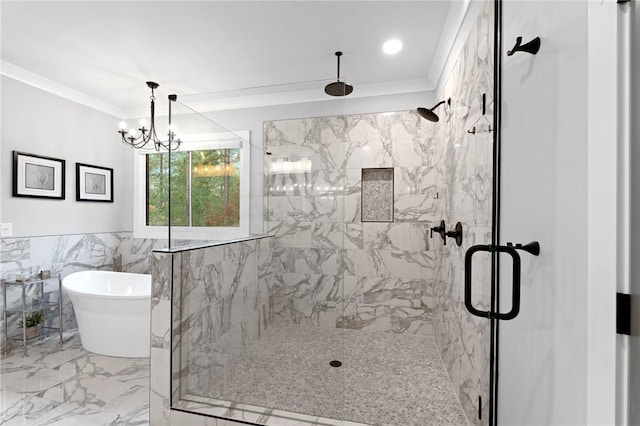 505 Bellhaven Ct, Salem, SC 29676 - full bath featuring a notable chandelier, marble finish floor, a marble finish shower, crown molding, and a soaking tub