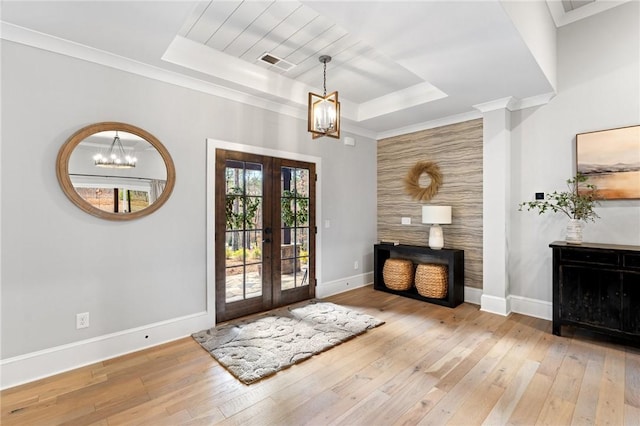 505 Bellhaven Ct, Salem, SC 29676 - entryway featuring a tray ceiling, baseboards, an inviting chandelier, and french doors