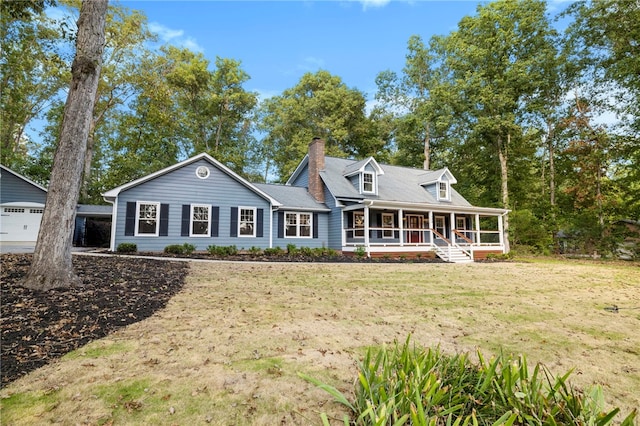 cape cod house with a porch, a chimney, and a front lawn