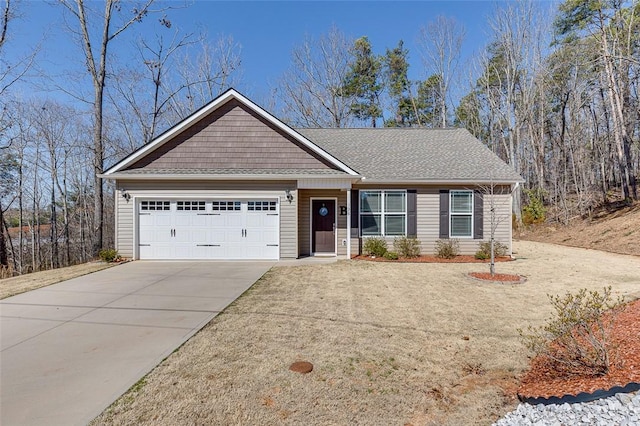 ranch-style house with a garage, driveway, and a shingled roof