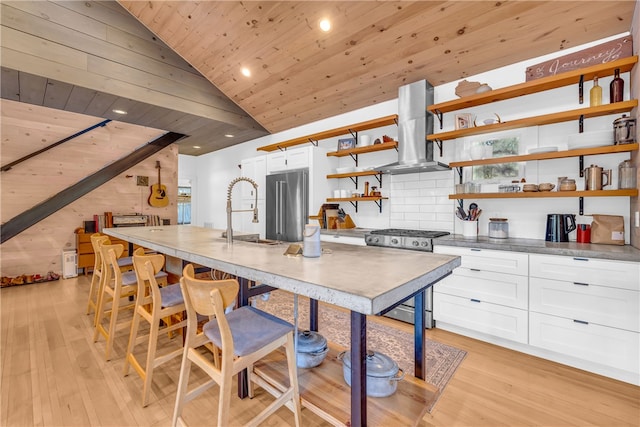 kitchen featuring open shelves, wood ceiling, island exhaust hood, stainless steel appliances, and a sink