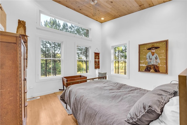 bedroom featuring recessed lighting, wood ceiling, baseboards, and wood finished floors