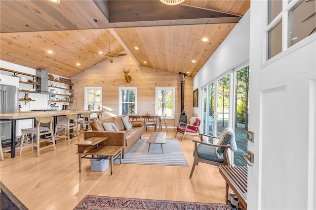 living area featuring light wood finished floors, high vaulted ceiling, a wood stove, wood walls, and wooden ceiling