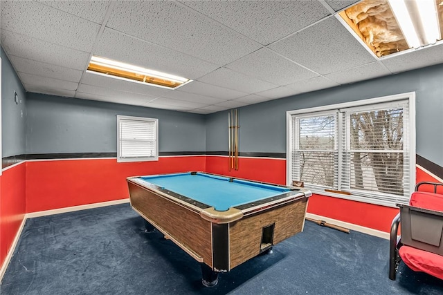 recreation room with baseboards, a drop ceiling, carpet floors, wainscoting, and billiards