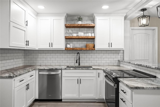 kitchen featuring electric stove, a sink, open shelves, white cabinetry, and dishwasher