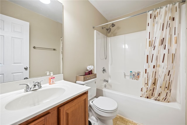 full bath with shower / bath combo with shower curtain, toilet, and vanity