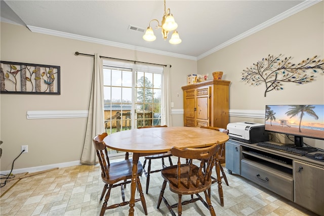 dining area featuring visible vents, baseboards, stone finish floor, crown molding, and a chandelier