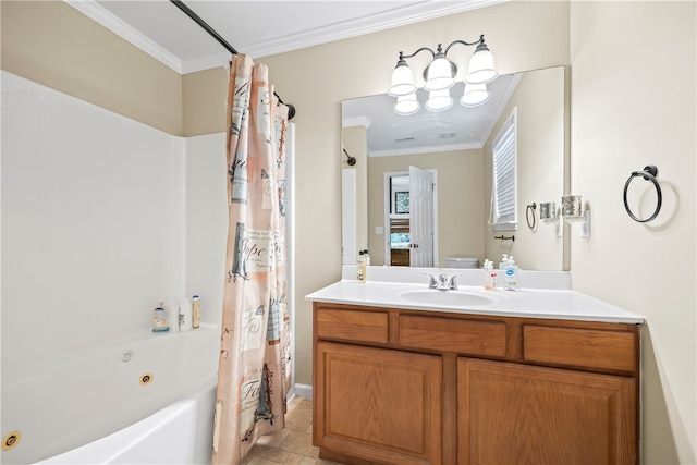 full bath with ornamental molding, vanity, and a combined bath / shower with jetted tub