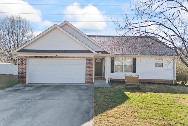 ranch-style home featuring concrete driveway, brick siding, a garage, and a front yard