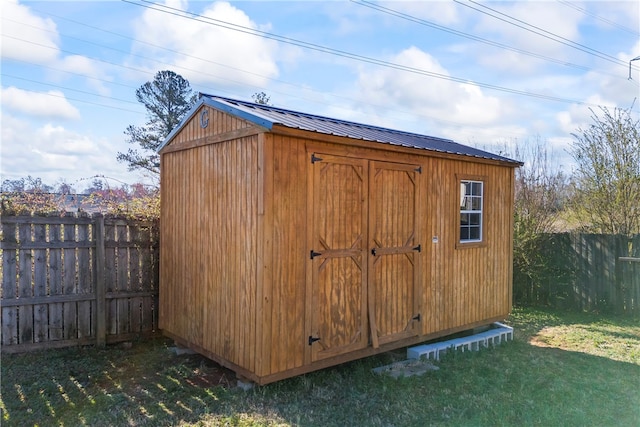 view of shed with a fenced backyard