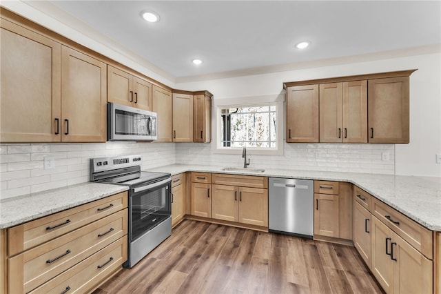 kitchen featuring wood finished floors, light stone countertops, stainless steel appliances, and a sink