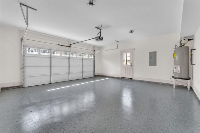 garage with electric panel, baseboards, a garage door opener, and water heater