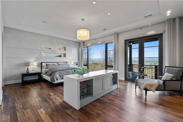 bedroom with access to exterior, multiple windows, a raised ceiling, and dark wood-type flooring