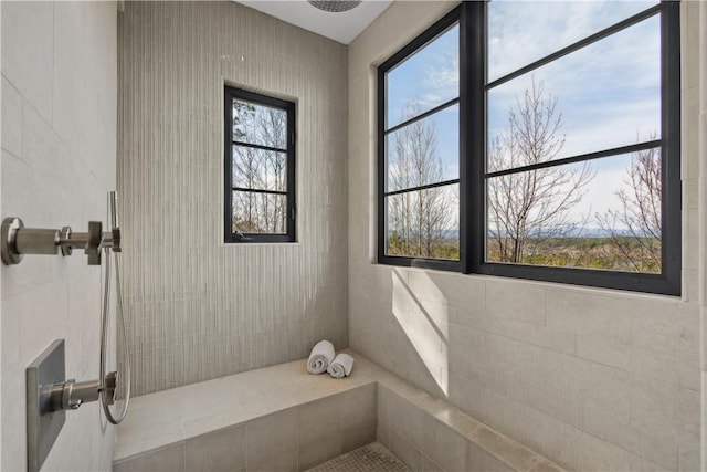 bathroom with plenty of natural light and a tile shower