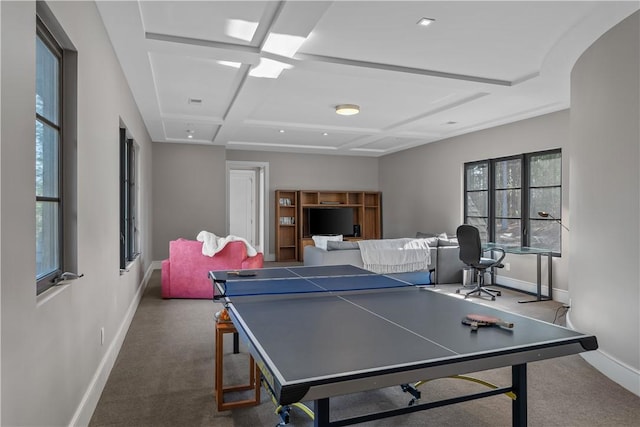 rec room featuring coffered ceiling, baseboards, and carpet