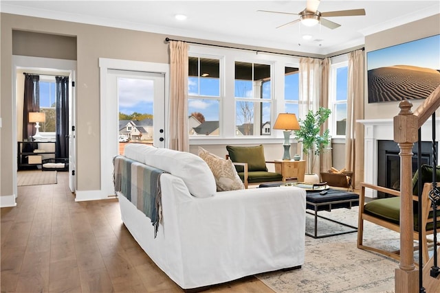 living room featuring a glass covered fireplace, baseboards, wood-type flooring, and ornamental molding