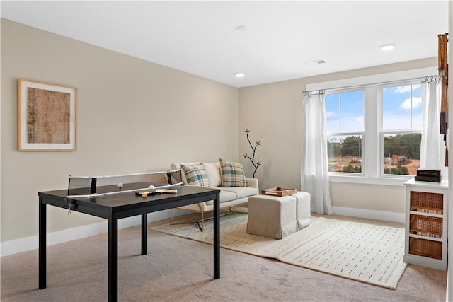 office area featuring visible vents, recessed lighting, baseboards, and carpet floors