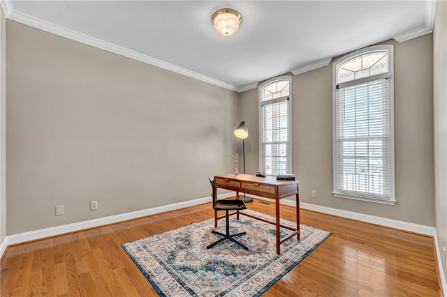 office featuring crown molding, baseboards, and wood finished floors