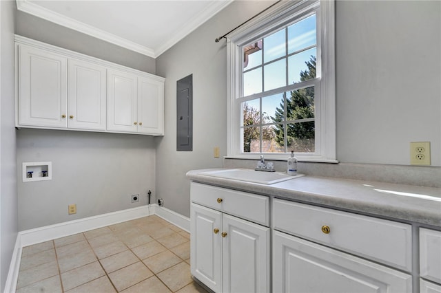 washroom featuring hookup for a washing machine, a healthy amount of sunlight, gas dryer hookup, cabinet space, and electric dryer hookup