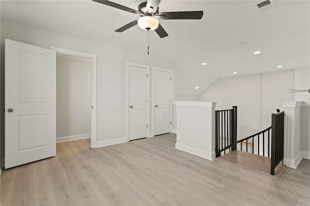 spare room featuring recessed lighting, visible vents, baseboards, and light wood finished floors