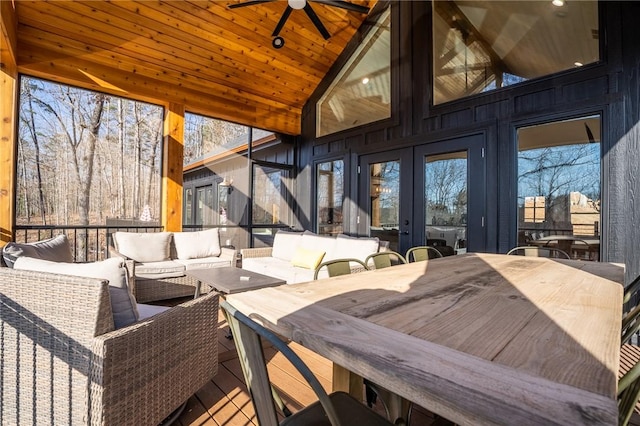 exterior space featuring vaulted ceiling, wood ceiling, french doors, and ceiling fan