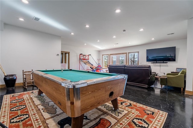 game room featuring recessed lighting, visible vents, baseboards, and pool table