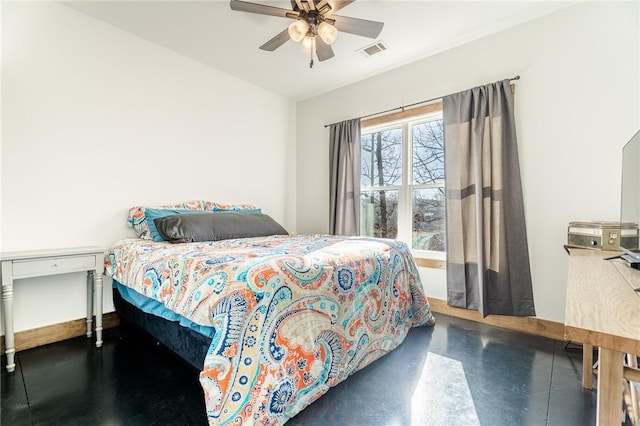 bedroom with visible vents, baseboards, concrete floors, and ceiling fan