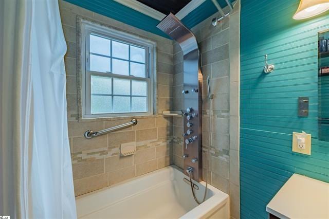 full bathroom with shower / bathtub combination with curtain