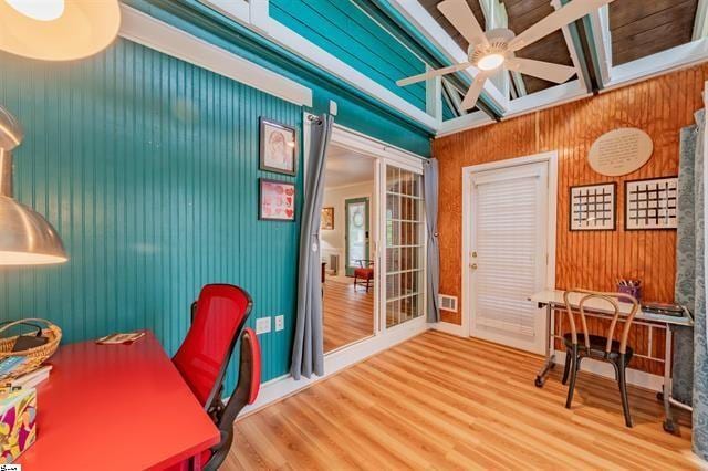 office area with ceiling fan and wood finished floors