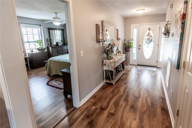 entryway featuring a textured ceiling, baseboards, and wood finished floors