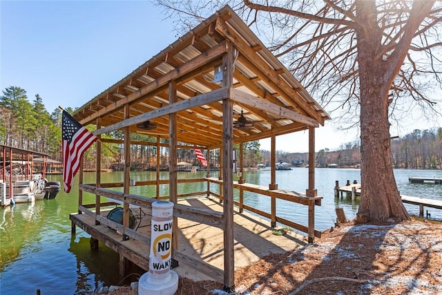 view of dock featuring boat lift and a water view