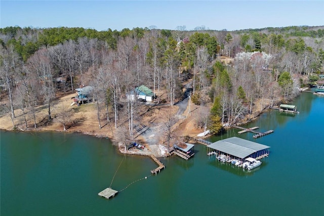 bird's eye view featuring a wooded view and a water view