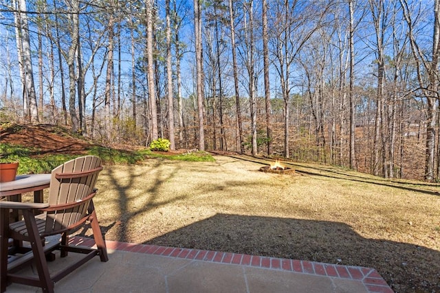 view of yard featuring a patio area, a wooded view, and a fire pit