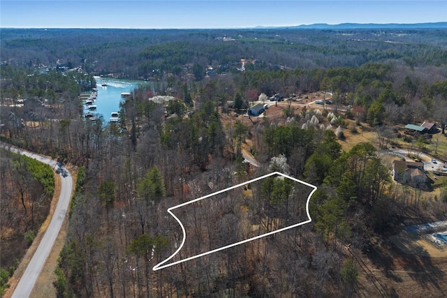 birds eye view of property with a water view and a wooded view