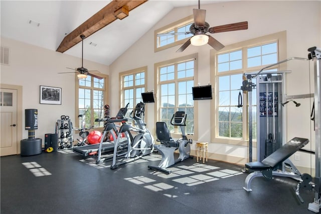 160 Julie Way, Pickens, SC 29671 - gym featuring a ceiling fan, high vaulted ceiling, and beamed ceiling