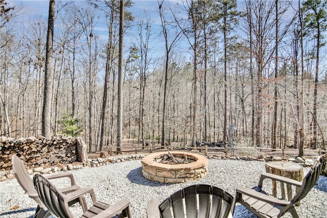 160 Julie Way, Pickens, SC 29671 - view of patio with an outdoor fire pit and a forest view