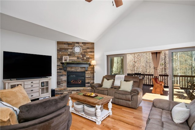 160 Julie Way, Pickens, SC 29671 - living room featuring high vaulted ceiling, a ceiling fan, plenty of natural light, a fireplace, and wood finished floors