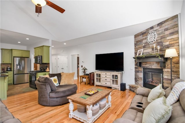160 Julie Way, Pickens, SC 29671 - living room with light wood-style floors, recessed lighting, a ceiling fan, a fireplace, and high vaulted ceiling