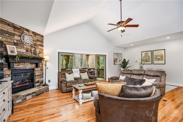 160 Julie Way, Pickens, SC 29671 - living area featuring high vaulted ceiling, a fireplace, a ceiling fan, light wood-type flooring, and baseboards