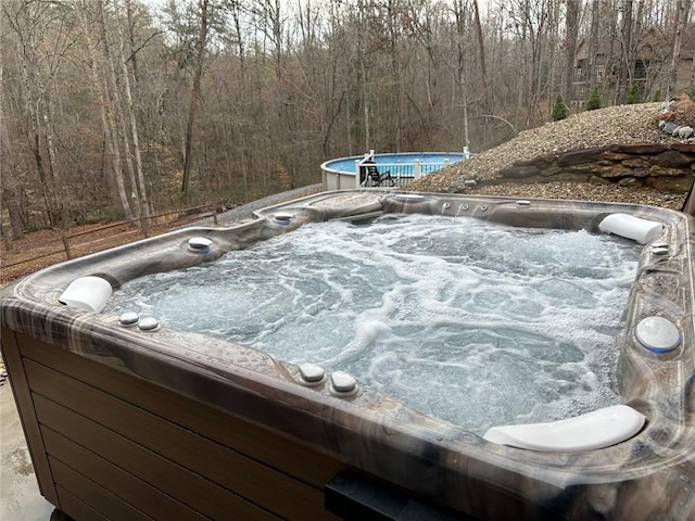 160 Julie Way, Pickens, SC 29671 - swimming pool with a hot tub and a forest view