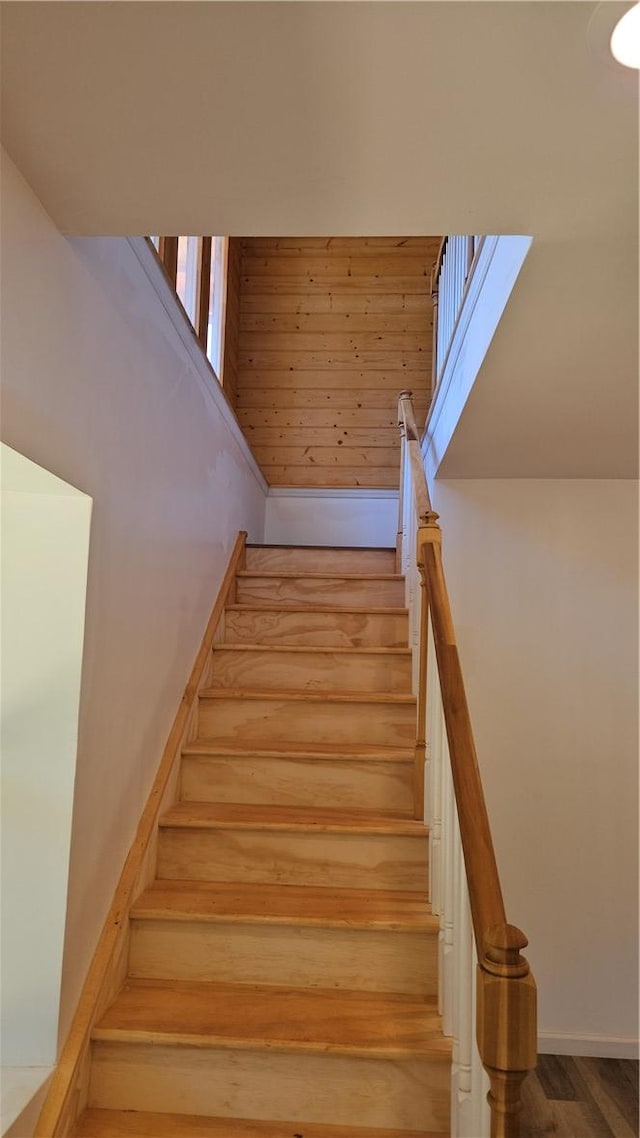 staircase featuring wooden walls and wood finished floors