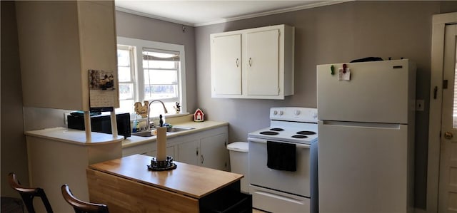 kitchen featuring a sink, white appliances, white cabinetry, and light countertops