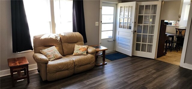 living area featuring dark wood-style floors, baseboards, and a wealth of natural light