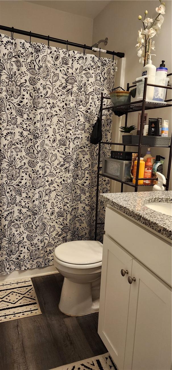 bathroom featuring vanity, a shower with shower curtain, toilet, and wood finished floors