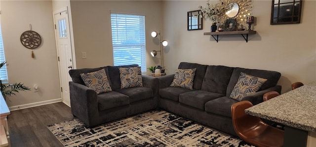 living room featuring wood finished floors and baseboards