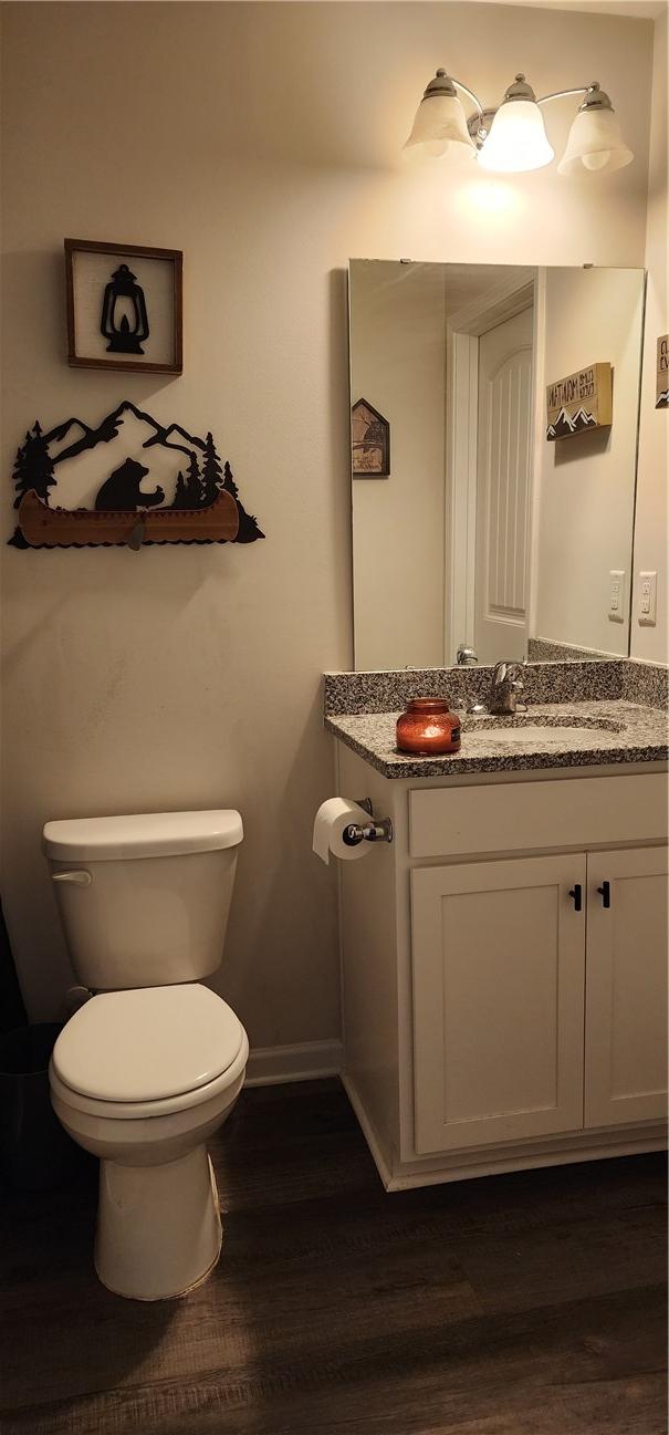 half bath with toilet, vanity, baseboards, and wood finished floors