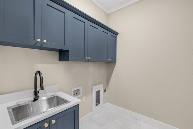 clothes washing area featuring hookup for an electric dryer, cabinet space, a sink, washer hookup, and marble finish floor