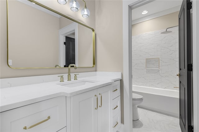 full bathroom with vanity, recessed lighting, bathing tub / shower combination, toilet, and marble finish floor